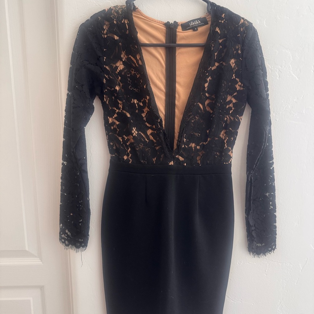 Lulu's Black and Tan Bodycon Dress with Plunge Neckline